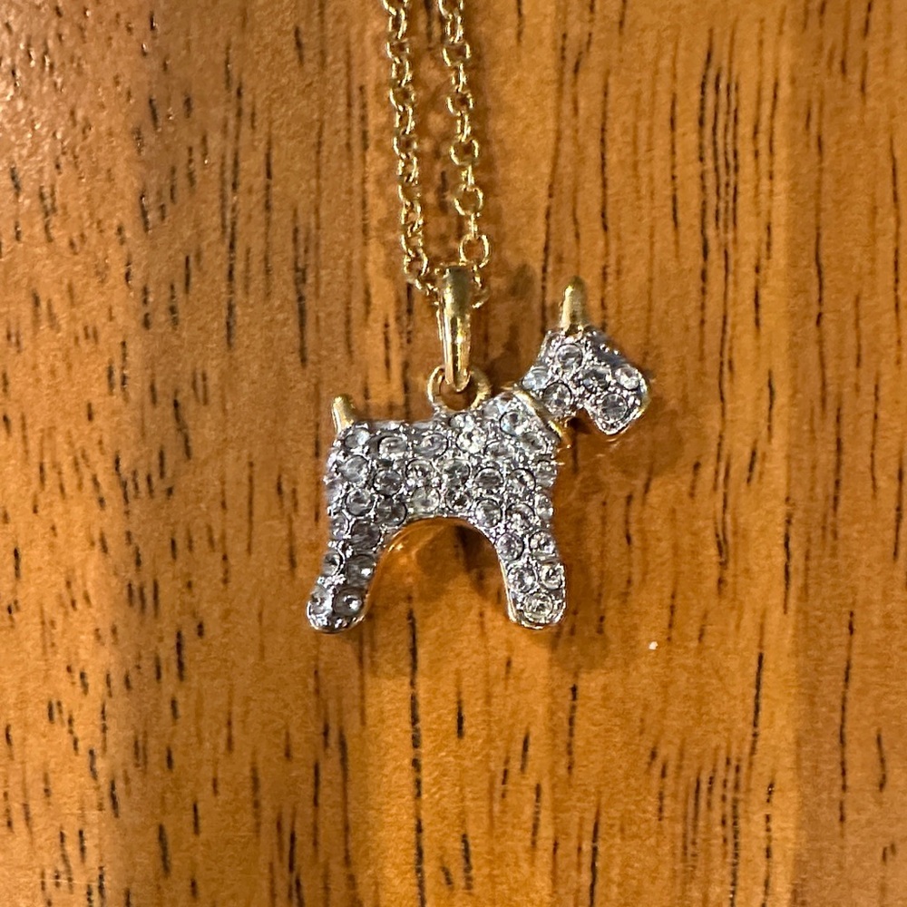 Swarovski Schnauzer Crystal pendant necklace with gold chain and backing.